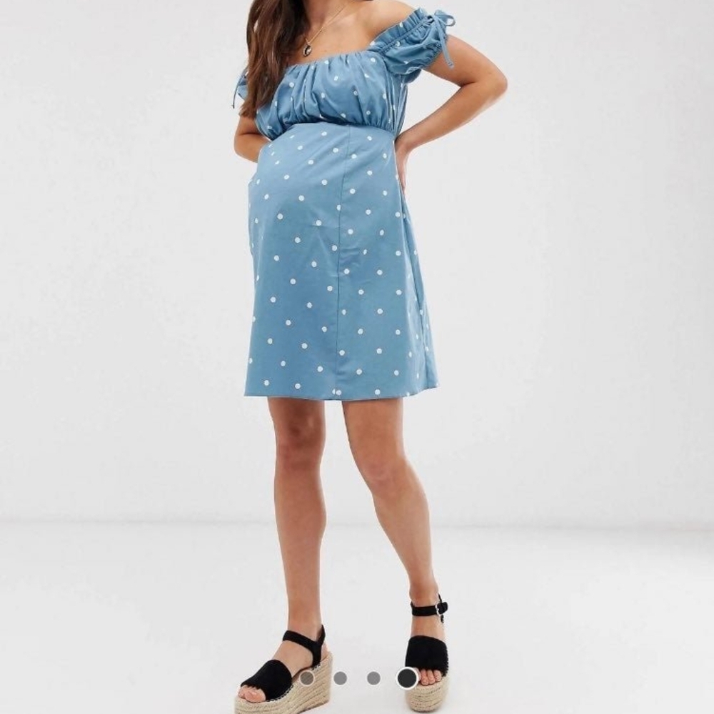 Blue Polka Dot Off-Shoulder Dress